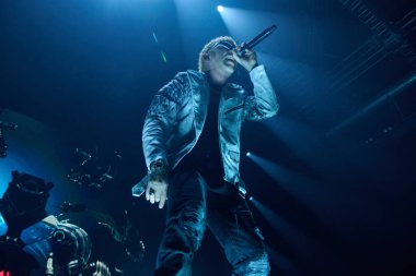 İtalyan şarkıcı Music Concert Salmo sırasında Salmo - Eboli, İtalya 'daki Palasele' de düzenlenen Flop Tour 2022, Fotoğraf: Melania Lucian