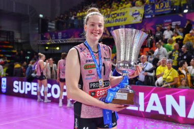 Isabelle Haak (Prosecco Doc Imoco Conegliano) İtalyan Süper Kupa Kadınlar Prosecco Doc Imoco Conegliano 'ya karşı Igor Gorgonzola Novara' nın zaferini 26 Kasım 2022 'de Floransa' daki Pala Wanny 'de kutluyor.