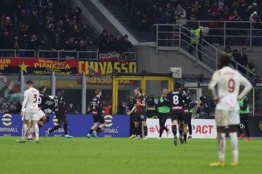Tommaso Pobega of AC Milan celebrates with his teammates after scoring a goal during Serie A 2022/23 football match between AC Milan and AS Roma at San Siro Stadium, Milan, Italy on January 08, 2023 - Credit: Fabrizio Carabelli/LiveMedi