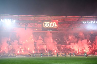 Aek FC supporters celebrating the goal during the Greek Super League, Matchday 17, match between Aek FC and Panathinaikos FC at Opap Arena Stadium on January 8, 2023 in Athens, Greece. - Credit: Stefanos Kyriazis/LiveMedi