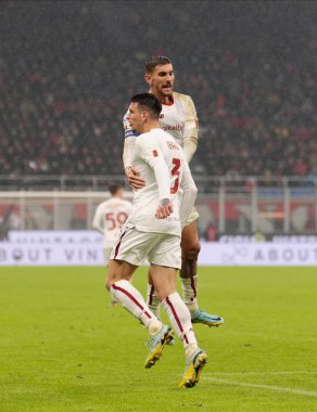 Roger Ibanez of As Roma celebrating after a goal during the Italian Serie A, football match between Ac Milan and As Roma on Jannuary 08, 2023 at San Siro Stadium, Milan, Italy. Photo Nderim Kaceli - Credit: Nderim Kaceli/LiveMedi