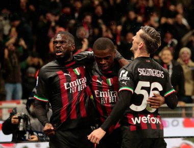 Pierre Kalulu of Ac Milan celebrating after a goal during the Italian Serie A, football match between Ac Milan and As Roma on Jannuary 08, 2023 at San Siro Stadium, Milan, Italy. Photo Nderim Kaceli - Credit: Nderim Kaceli/LiveMedi