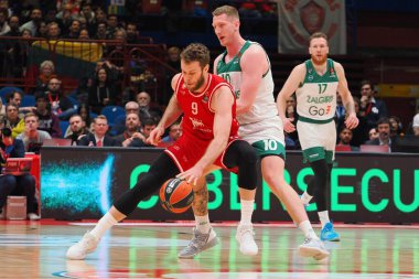 Nicolo Melli (EA7 Emporio Armani Olimpia Milano) thwarted by Rolands Smits (Zalgiris Kaunas)  during Basketball Euroleague Championship EA7 Emporio Armani Milano vs Zalgiris Kaunas at the Forum of Assago in Milan, Italy, January 13, 2023 - Credit: Sa