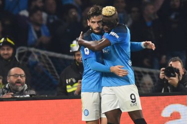 Khvicha Kvaratskhelia of SSC Napoli  party with Victor Osimhen of SSC Napoli  during the Serie A match between SSC Napoli v Juventus FC  at  Stadio Diego Armando Maradona  - Credit: Danilo Gemito/LiveMedi