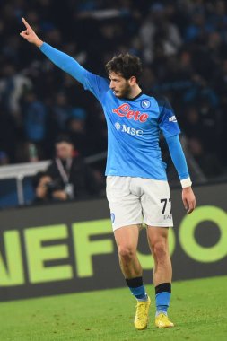 Khvicha Kvaratskhelia of SSC Napoli  cheers after the goal during the Serie A match between SSC Napoli v Juventus FC  at  Stadio Diego Armando Maradona  - Credit: Danilo Gemito/LiveMedi