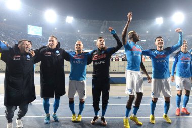 the napoli players celebrate at the end of the match during the Serie A match between SSC Napoli v Juventus FC  at  Stadio Diego Armando Maradona  - Credit: Danilo Gemito/LiveMedi