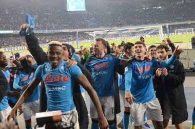 the napoli players celebrate at the end of the match during the Serie A match between SSC Napoli v Juventus FC  at  Stadio Diego Armando Maradona  - Credit: Danilo Gemito/LiveMedi
