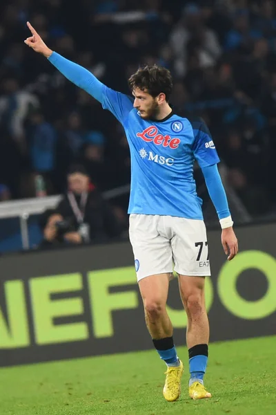 Khvicha Kvaratskhelia of SSC Napoli  cheers after the goal during the Serie A match between SSC Napoli v Juventus FC  at  Stadio Diego Armando Maradona  - Credit: Danilo Gemito/LiveMedi