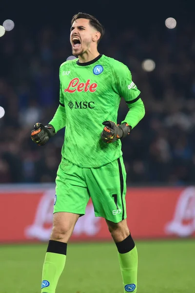 Alex Meret of SSC Napoli  cheers at the end of the race during the Serie A match between SSC Napoli v Juventus FC  at  Stadio Diego Armando Maradona  - Credit: Danilo Gemito/LiveMedi
