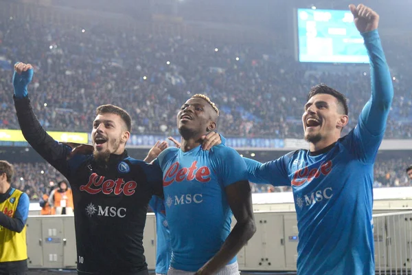the napoli players celebrate at the end of the match during the Serie A match between SSC Napoli v Juventus FC  at  Stadio Diego Armando Maradona  - Credit: Danilo Gemito/LiveMedi