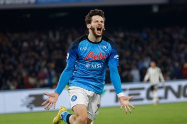 Khvicha Kvaratskhelia of Napoli celebrates after scores during italian soccer Serie A match SSC Napoli vs Juventus FC at the Diego Armando Maradona stadium in Naples, Italy, January 13, 2023 - Credit: AGN Fot