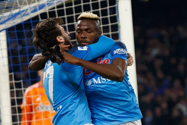 Victor Osimhen Napoli Celebrates Scores Khvicha Kvaratskhelia Napoli Italian Soccer — Stockfoto