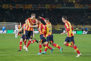 Alexis Blin (US Lecce) celebrates after scoring a goal with teammates during italian soccer Serie A match US Lecce vs AC Milan at the Via Del Mare stadium in Lecce, Italy, January 14, 2023 - Credit: Emmanuele Mastrodonat