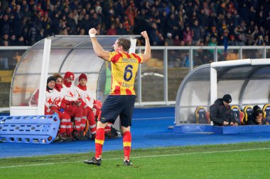 Federico Baschirotto (US Lecce) celebrates after scoring a goal during italian soccer Serie A match US Lecce vs AC Milan at the Via Del Mare stadium in Lecce, Italy, January 14, 2023 - Credit: Emmanuele Mastrodonat