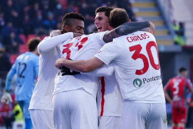 Carlos Augusto (AC Monza), Andrea Petagna (AC Monza), Jose Machin (AC Monza) and Matteo Pessina (AC Monza) celebrates the goal of Gianluca Caprari (AC Monza) during italian soccer Serie A match US Cremonese vs AC Monza at the Giovanni Zini stadium in