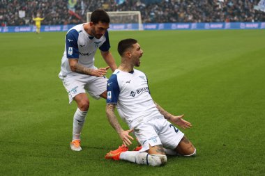 Mattia Zaccagni of SS Lazio celebrates after scoring a goal during the Serie A match between US Sassuolo Calcio and SS Lazio at Mapei Stadium - Citta del Tricolore on January 15, 2023 in Reggio Emilia, Italy. - Credit: Luca Amedeo Bizzarri/LiveMedi