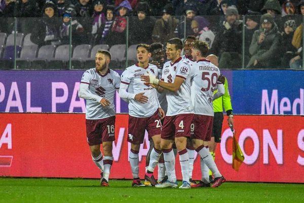 Torino's Aleksey Miranchuk celebrates with teammates after scoring the 1-0 goal during italian soccer Serie A match ACF Fiorentina vs Torino FC at the Artemio Franchi stadium in Florence, Italy, January 21, 2023 - Credit: Fabio Fagiolin