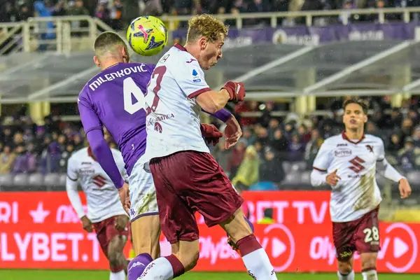 header of Fiorentina's Nikola Milenkovic against Torino's Mergin VojVoda during italian soccer Serie A match ACF Fiorentina vs Torino FC at the Artemio Franchi stadium in Florence, Italy, January 21, 2023 - Credit: Fabio Fagiolin