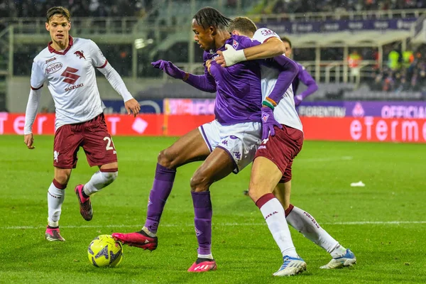 Fiorentina's Christian Kouame hampered by Torino's Alessandro Buongiorno during italian soccer Serie A match ACF Fiorentina vs Torino FC at the Artemio Franchi stadium in Florence, Italy, January 21, 2023 - Credit: Fabio Fagiolin