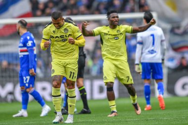 Walace Souza Silva (Udinese) and Isaac Success (Udinese)
 celebrates after scoring a goal 0 - 1 during italian soccer Serie A match UC Sampdoria vs Udinese Calcio at the Luigi Ferraris stadium in Genova, Italy, January 22, 2023 - Credit: Danilo V
