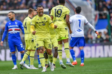 Walace Souza Silva (Udinese) celebrates after scoring a goal 0 - 1 during italian soccer Serie A match UC Sampdoria vs Udinese Calcio at the Luigi Ferraris stadium in Genova, Italy, January 22, 2023 - Credit: Danilo Vig