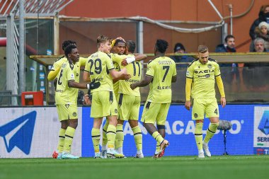 team Udinese celebrates after scoring a goal 0 - 1 during italian soccer Serie A match UC Sampdoria vs Udinese Calcio at the Luigi Ferraris stadium in Genova, Italy, January 22, 2023 - Credit: Danilo Vig