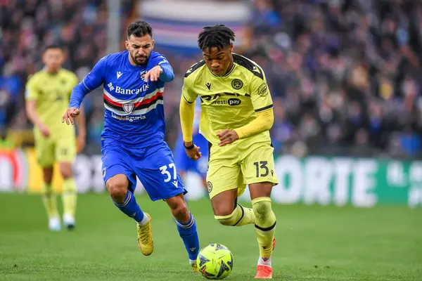 Mehdi Pascal Marcel Leris  (Sampdoria) - Destiny Iyenoma Udogie (Udinese) during italian soccer Serie A match UC Sampdoria vs Udinese Calcio at the Luigi Ferraris stadium in Genova, Italy, January 22, 2023 - Credit: Danilo Vig