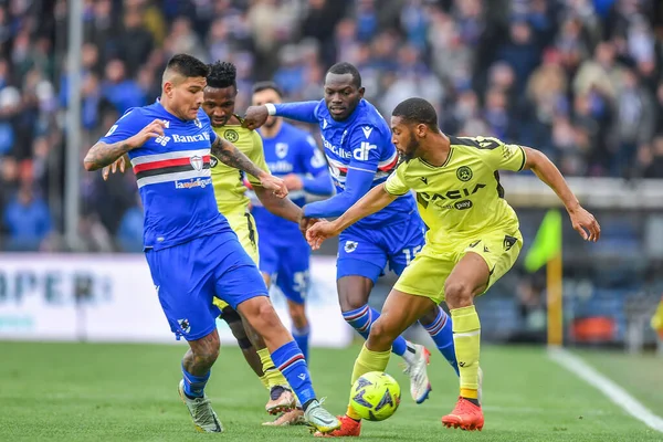 Bruno Amione (Sampdoria) - Omar Colley (Sampdoria) - Norberto Bercique Gomes Betuncal, detto Beto (Udinese) during italian soccer Serie A match UC Sampdoria vs Udinese Calcio at the Luigi Ferraris stadium in Genova, Italy, January 22, 2023 - Credit: 