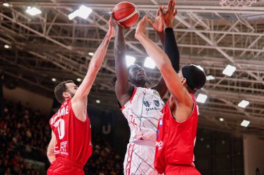Mouhamet Diouf (Unahotels Reggiana) during Italian Basketball A Serie  Championship UNAHOTELS Reggio Emilia vs EA7 Emporio Armani Milano at the PalaBigi in Reggio Emilia, Italy, January 22, 2023 - Credit: Nicholas Russ