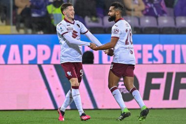 Aleksej Mirancuk (Torino FC) celebrates after scoring a goal with Koffi Djidji (Torino FC) during italian soccer Serie A match ACF Fiorentina vs Torino FC at the Artemio Franchi stadium in Florence, Italy, January 21, 2023 - Credit: Lisa Guglielm