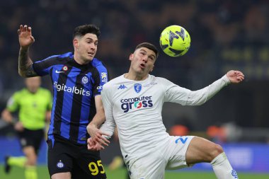Nicolo Cambiaghi of Empoli FC competes for the ball with Alessandro Bastoni of FC Internazionale during Serie A 2022/23 football match between FC Internazionale and Empoli FC at Giuseppe Meazza Stadium, Milan, Italy on January 23, 2023 - Credit: Fabr