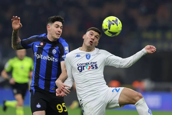 Nicolo Cambiaghi of Empoli FC competes for the ball with Alessandro Bastoni of FC Internazionale during Serie A 2022/23 football match between FC Internazionale and Empoli FC at Giuseppe Meazza Stadium, Milan, Italy on January 23, 2023 - Credit: Fabr