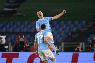 Sergej Milinkovic-Savic (SS Lazio) celebrates after scoring the goal 1-0 during the Italian Football Championship League A 2022/2023 match between SS Lazio vs AC Milan at the Olimpic Stadium in Rome on 24 January 2023. - Credit: Fabrizio Corradetti/L