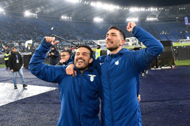 Pedro and Danilo Cataldi celebrates with the fans after the race during the Italian Football Championship League A 2022/2023 match between SS Lazio vs AC Milan at the Olimpic Stadium in Rome on 24 January 2023. - Credit: Fabrizio Corradetti/LiveMedi