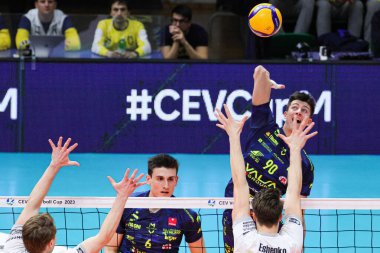 Tommaso Rinaldi  attack the ball (Valsa Group Modena) during Volleyball CEV Cup Men Valsa Group Modena vs SVG Luneburg at the PalaPanini in Modena, Italy, January 25, 2023 - Credit: Fabio Patami