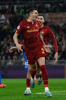 Roger Ibanez (AS Roma) celebrates after scoring the goal 1-0 during the Italian Football Championship League A 2022/2023 match between AS Roma vs Empoli FC at the Olimpic Stadium in Rome  on 04 February 2023. - Credit: Fabrizio Corradetti/LiveMedi