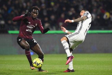 Norbert Gyomber of US Salernitana  competes for the ball with Angel Di Maria of Juventus FC  during the Serie A match between US Salernitana 1919 v Juventus FC  at Arechi  Stadium  - Credit: Agostino Gemito/LiveMedi