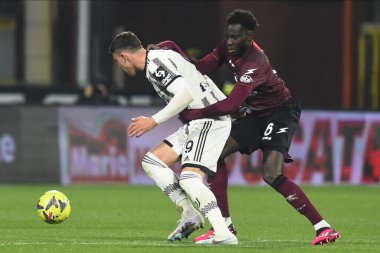 Dusan Vlahovic of Juventus FC competes for the ball with Junior Sambia of US Salernitana   during the Serie A match between US Salernitana 1919 v Juventus FC  at Arechi  Stadium  - Credit: Agostino Gemito/LiveMedi