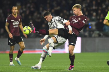 Matteo Lovato of US Salernitana  competes for the ball with Dusan Vlahovic of Juventus FC  during the Serie A match between US Salernitana 1919 v Juventus FC  at Arechi  Stadium  - Credit: Agostino Gemito/LiveMedi