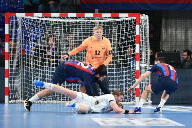 Frade (Barca), Wanne (Barca) and Langaas (Elverum Handball) during Handball EHF Champions League - Barca vs Elverum Handball at the Palau Blaugrana in Barcelona, Spain, February 09, 2023 - Credit: Felipe Mondin