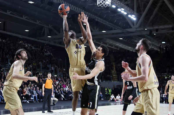 James Nnaji (FC Barcelona) 1thwarted by Ismael Bako (Segafredo Virtus Bologna) during the Euroleague basketball championship match Segafredo Virtus Bologna Vs. 
FC Barcelona - Bologna, Italy, February 09, 2023 at Segafredo Arena - Credit: Michele