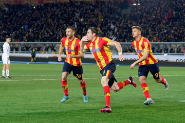 Federico Baschirotto (US Lecce) celebrates after scoring a goal during italian soccer Serie A match US Lecce vs AS Roma at the Via Del Mare stadium in Lecce, Italy, February 11, 2023 - Credit: Emmanuele Mastrodonat