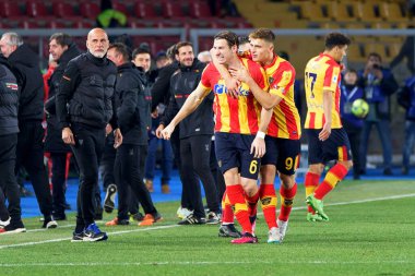 Federico Baschirotto (US Lecce) celebrates after scoring a goal with Lorenzo Colombo (US Lecce) during italian soccer Serie A match US Lecce vs AS Roma at the Via Del Mare stadium in Lecce, Italy, February 11, 2023 - Credit: Emmanuele Mastrodonat