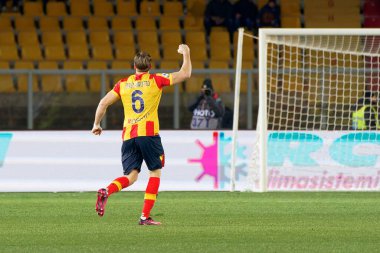 Federico Baschirotto (US Lecce) celebrates after scoring a goal during italian soccer Serie A match US Lecce vs AS Roma at the Via Del Mare stadium in Lecce, Italy, February 11, 2023 - Credit: Emmanuele Mastrodonat