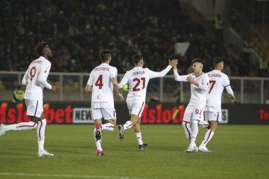 Paul Dybala (Roma) celebrates the goal scored with Stephan El Shaarawy during italian soccer Serie A match US Lecce vs AS Roma at the Via Del Mare stadium in Lecce, Italy, February 11, 2023 - Credit: Massimiliano Carnabuc