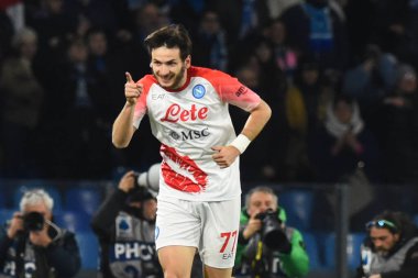 Khvicha Kvaratskhelia of SSC Napoli celebrates after scoring goal   during the Serie A match between SSC Napoli v Cremonese SC at Diego Armando Maradona  Stadium  - Credit: Agostino Gemito/LiveMedi