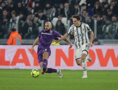 Federico Chiesa of Juventus and Sofyan Ambarabat of Acf Fiorentina  during the Italian serie A, football match between Juventus Fc and Acf Fiorentina on 12 February 2023 at Allianz Stadium, Turin, Italy. Photo Ndrerim Kaceli - Credit: Nderim Kaceli/L