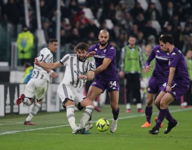 Manuel Locatelli of Juventus and Sofyan Ambarabat of Acf Fiorentina during the Italian serie A, football match between Juventus Fc and Acf Fiorentina on 12 February 2023 at Allianz Stadium, Turin, Italy. Photo Ndrerim Kaceli - Credit: Nderim Kaceli/L