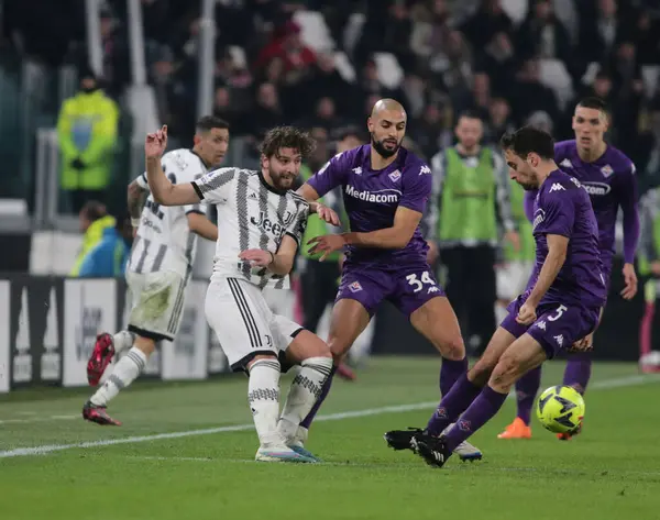 Manuel Locatelli of Juventus and Sofyan Ambarabat of Acf Fiorentina during the Italian serie A, football match between Juventus Fc and Acf Fiorentina on 12 February 2023 at Allianz Stadium, Turin, Italy. Photo Ndrerim Kaceli - Credit: Nderim Kaceli/L