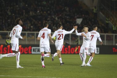 Paul Dybala (Roma) celebrates the goal scored with Stephan El Shaarawy during italian soccer Serie A match US Lecce vs AS Roma at the Via Del Mare stadium in Lecce, Italy, February 11, 2023 - Credit: Massimiliano Carnabuc